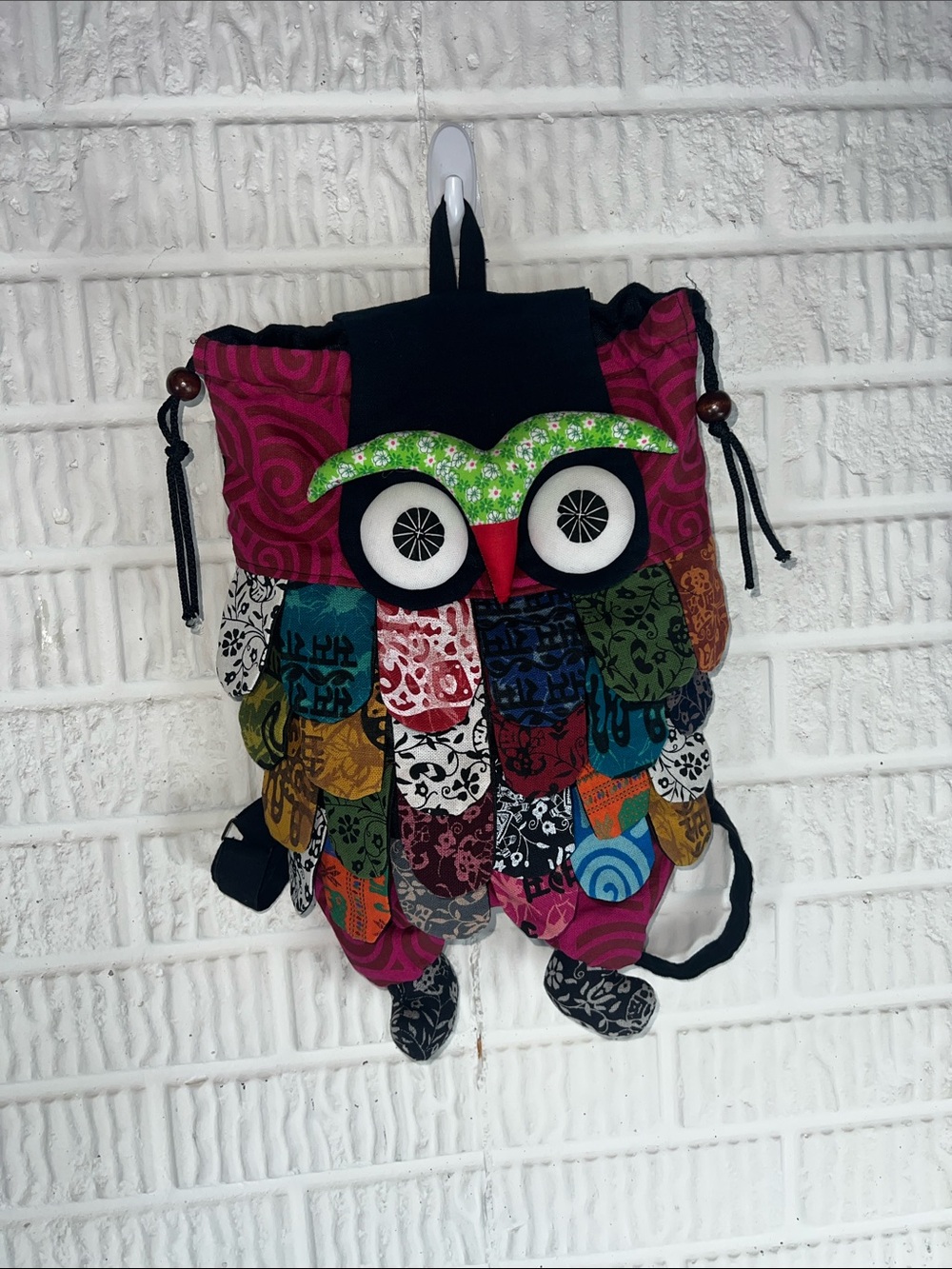Colorful Patchwork Owl Drawstring Backpack — Multicolor